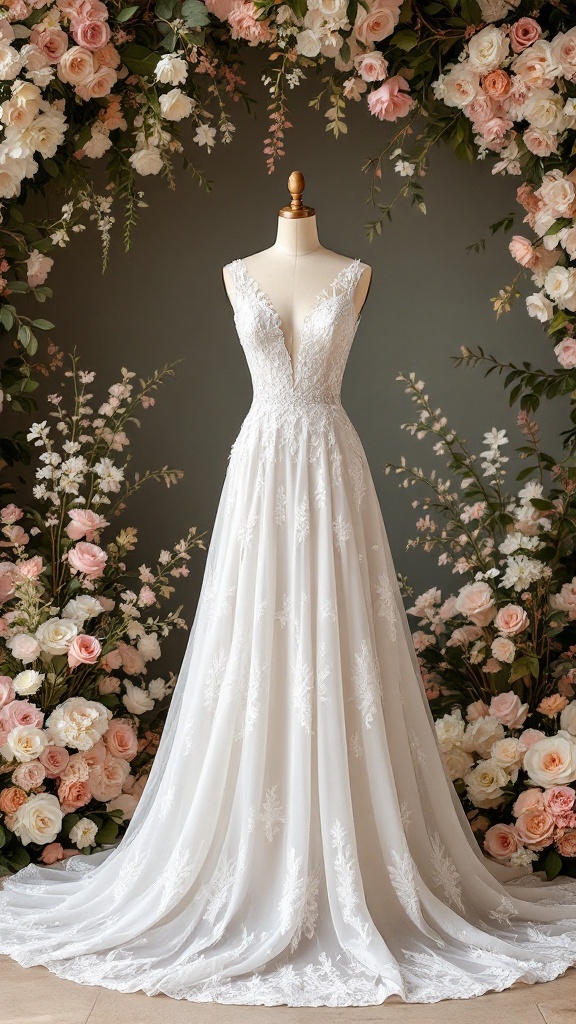 A romantic lace A-line wedding dress displayed among flowers