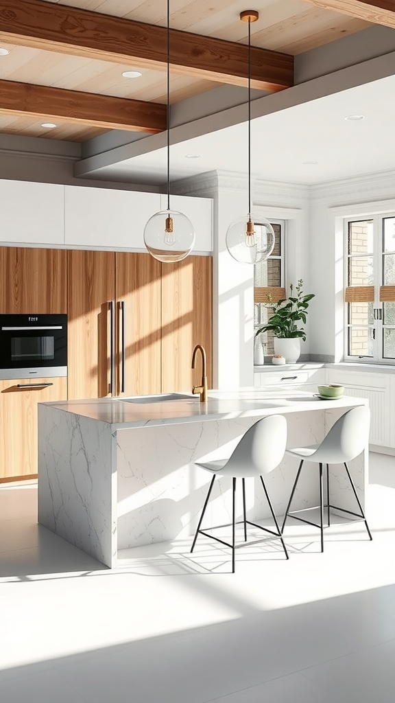 A modern kitchen with a sleek marble island and stylish bar stools