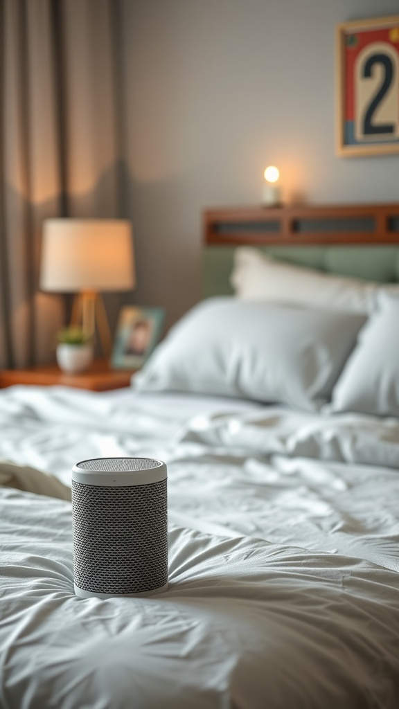 Une enceinte Bluetooth sur un lit dans une chambre parentale cosy.