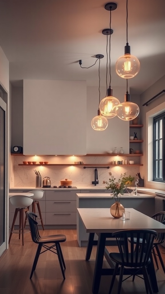 A modern kitchen featuring stylish pendant lighting above a dining table.