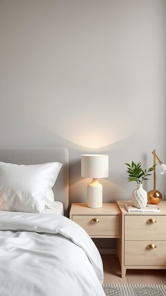 Une chambre parentale avec des tables de chevet en bois clair et une décoration minimaliste.