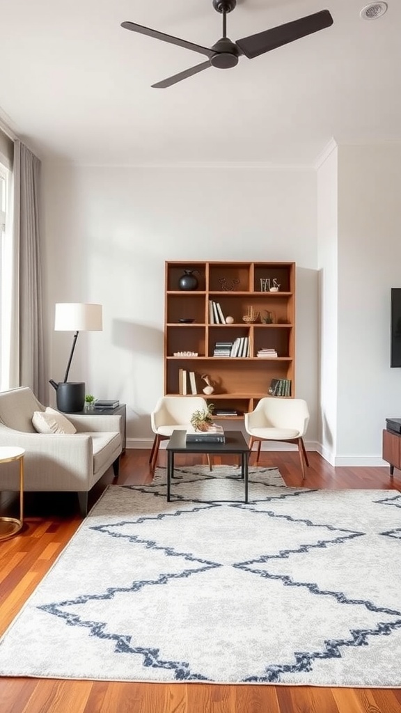 Un salon moderne avec un tapis design, des fauteuils et une étagère en bois.