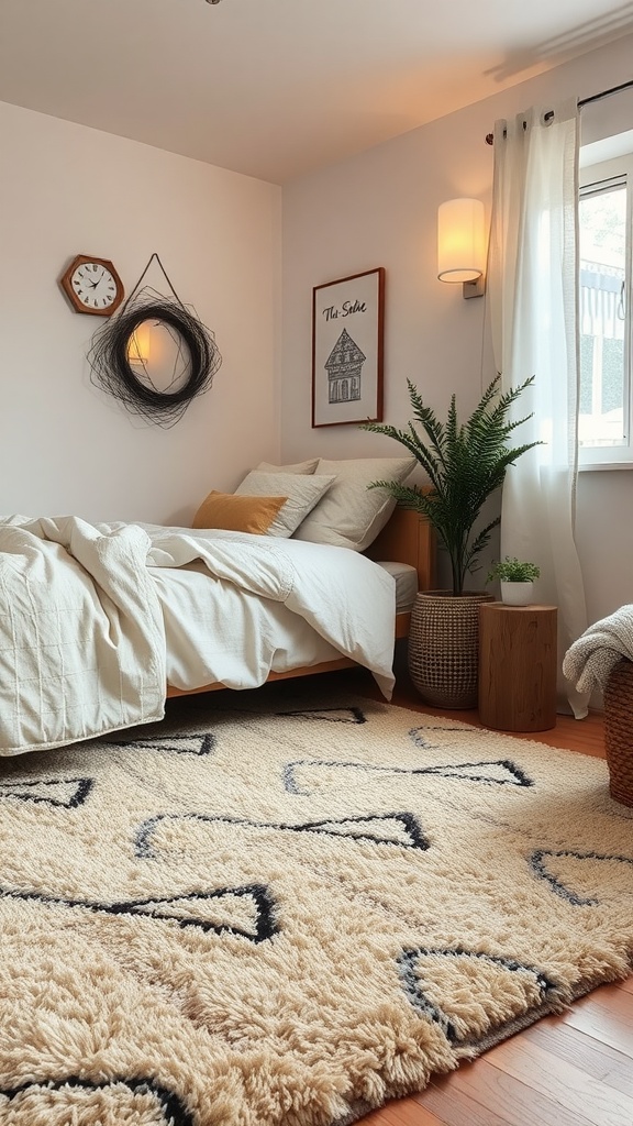 Chambre avec un tapis doux beige et décor chaleureux