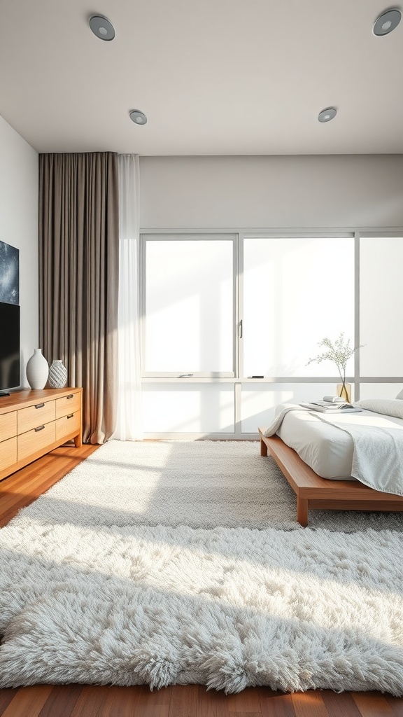 A cozy bedroom featuring a soft rug, wooden furniture, and natural light.