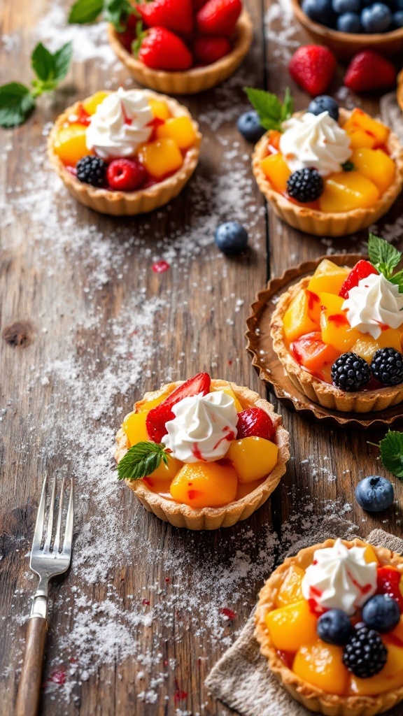 Tartes aux fruits avec crème chantilly sur une table en bois