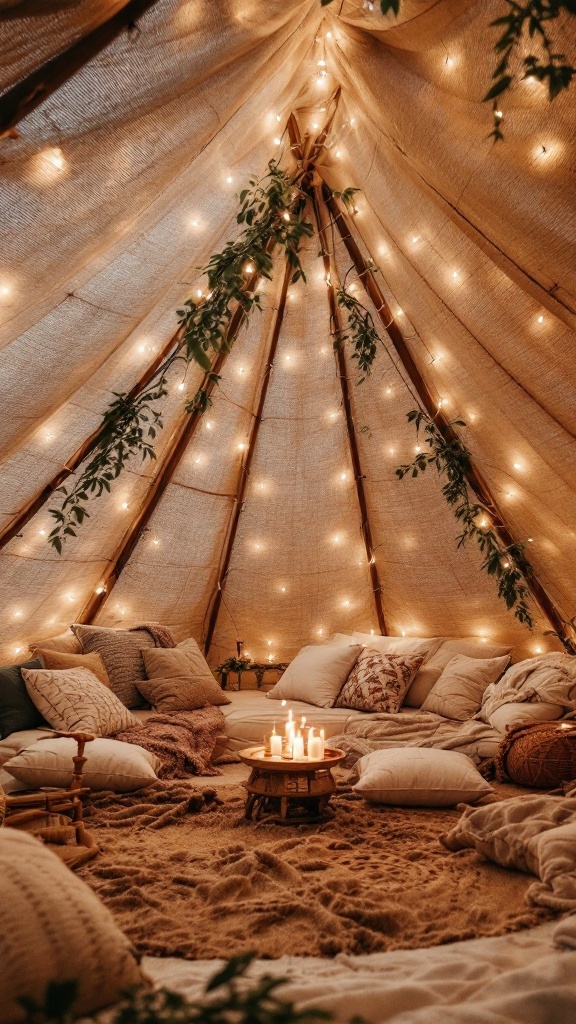Intérieur d'une tente en toile de jute décorée pour un mariage, avec des lumières et un mobilier chic.