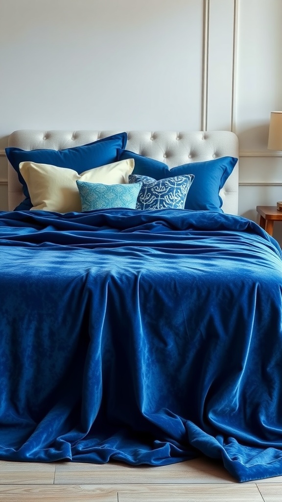 Chambre cocooning avec des textiles en velours bleu.