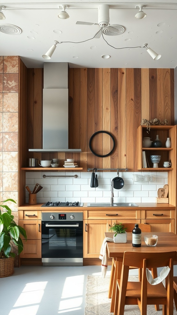 A modern kitchen featuring textured wood wall treatments and a stylish design.