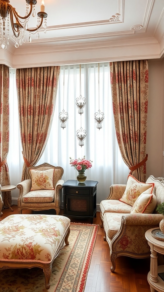 Salon vintage avec des tissus à motifs floraux.