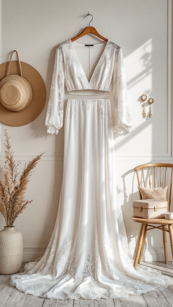 A two-piece wedding dress hanging against a wall, featuring elegant embroidery and flowing fabric.