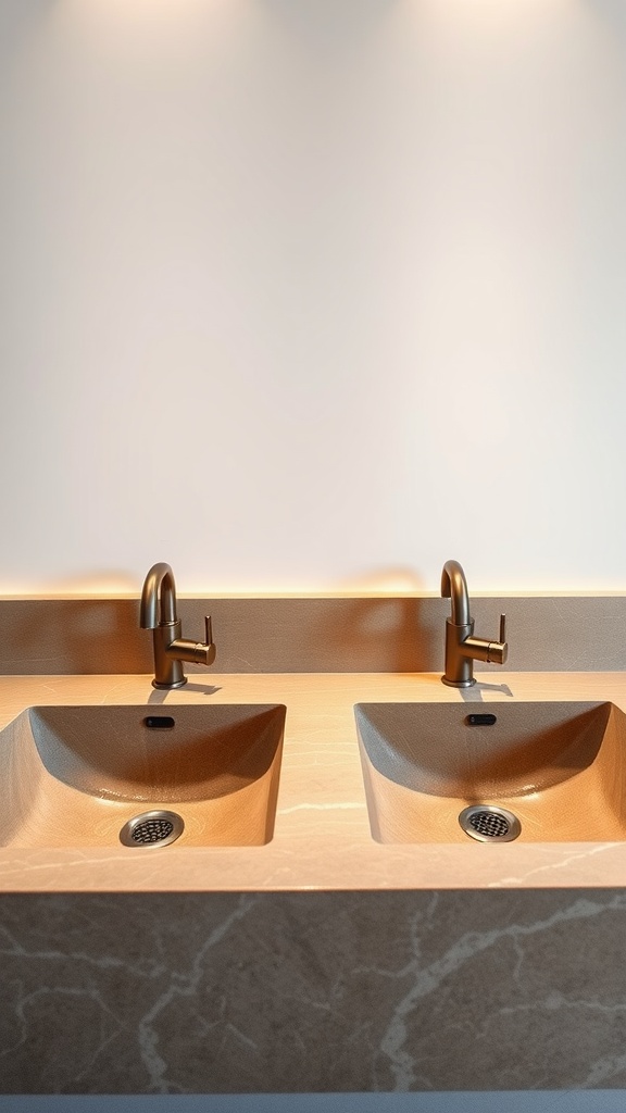 Double sink made of natural stone with bronze faucets in a modern bathroom