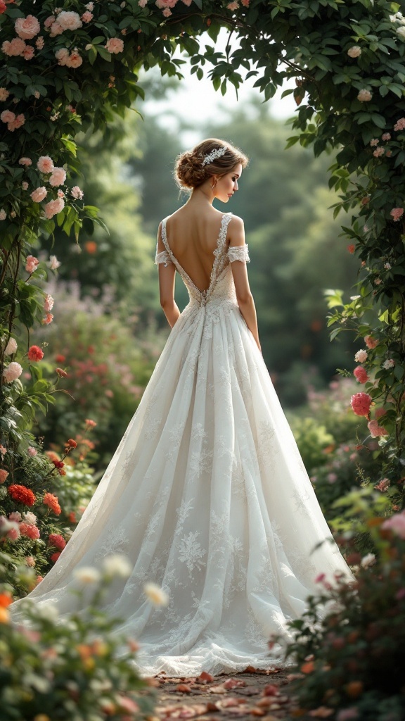 A woman wearing a vintage-inspired wedding dress in a beautiful garden setting.
