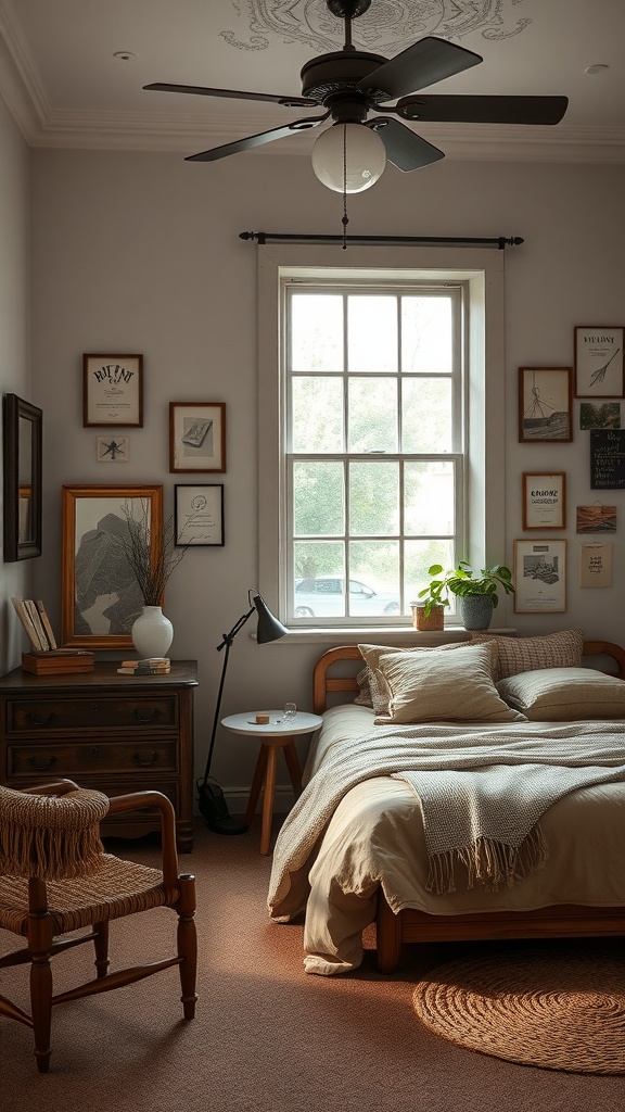 Chambre parentale avec design vintage, meubles en bois, et décor rétro.