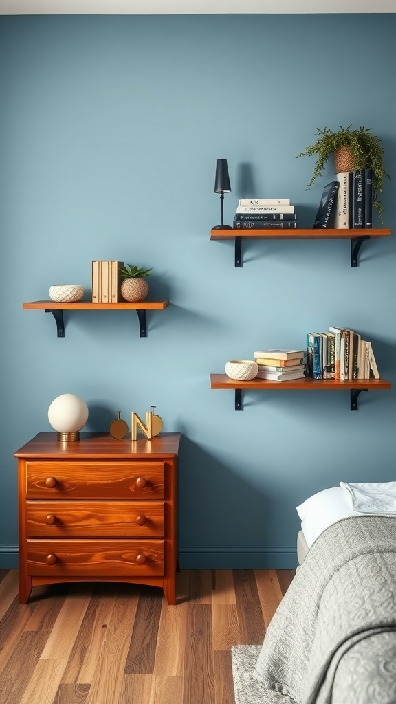 Étagères en bois bleu sur un mur bleu avec des livres et des plantes décoratives.
