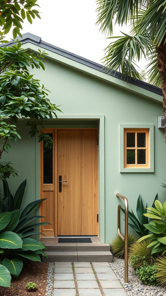 A sage green house with a bamboo beige front door, surrounded by lush greenery.