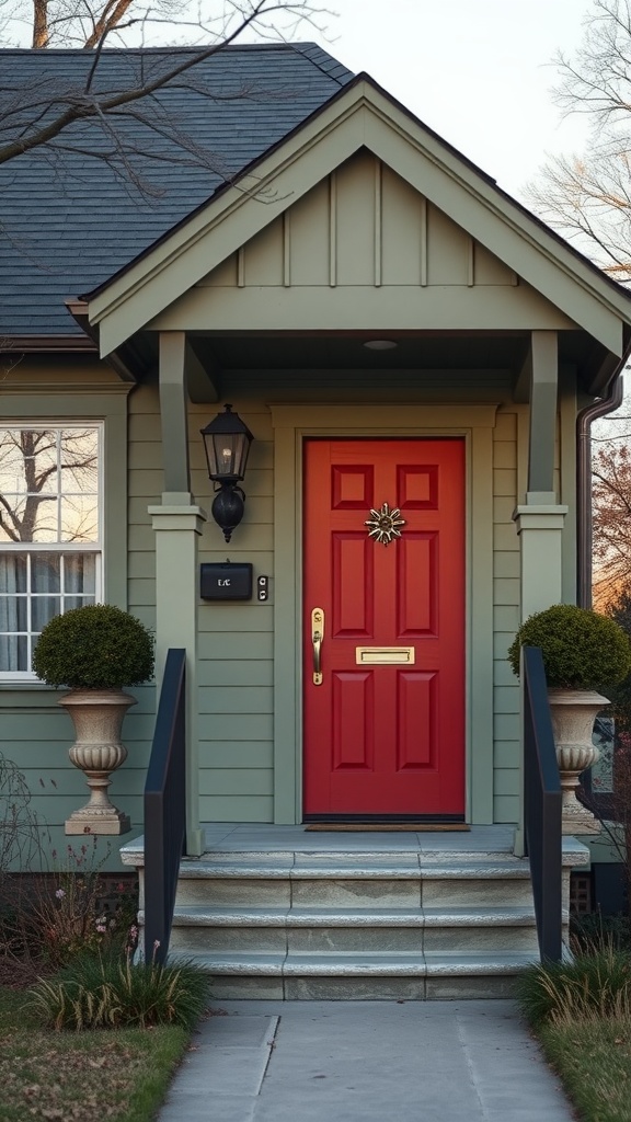 A sage green house with a striking bold red front door, surrounded by decorative planters.