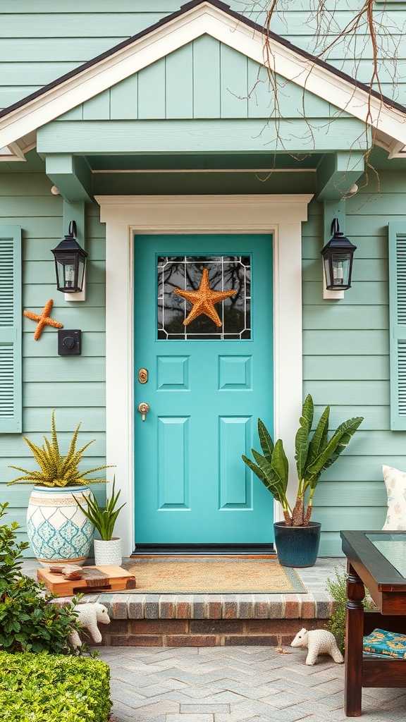 Bright aqua front door on a sage green house with coastal decor