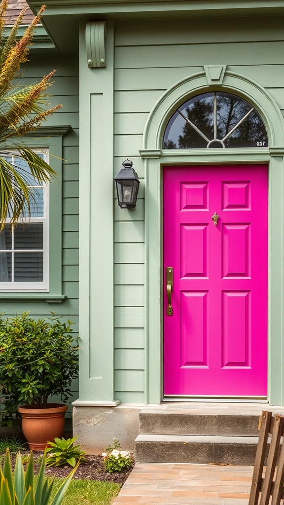 A bright fuchsia door on a sage green house surrounded by plants.