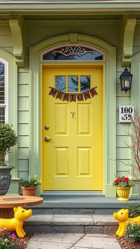 Bright yellow front door on a sage green house with decorative elements.