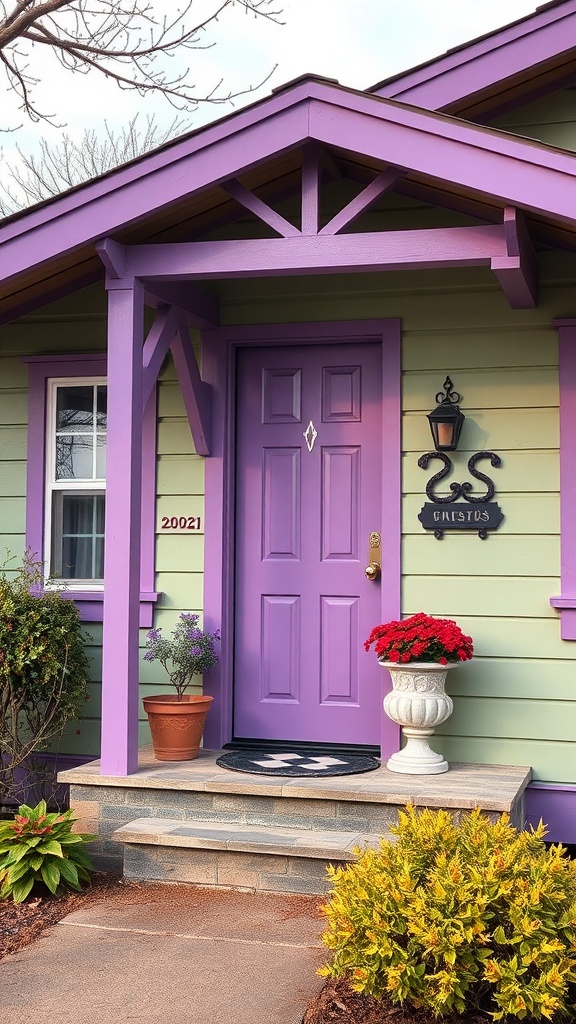 A bright violet front door on a sage green house with colorful plants.