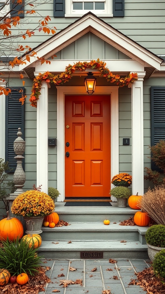 A sage green house with a burnt orange front door, adorned with autumn decorations like pumpkins and leaves.