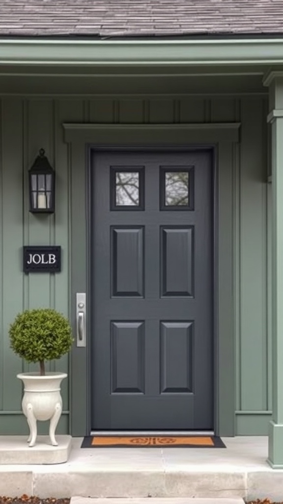 A charcoal gray front door on a sage green house, showcasing modern elegance.