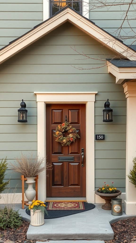 A cozy chocolate brown front door of a sage green house with decorative elements.