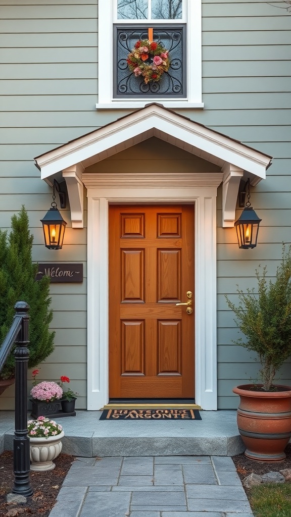 A warm cinnamon brown front door on a sage green house, surrounded by plants and a welcoming mat.