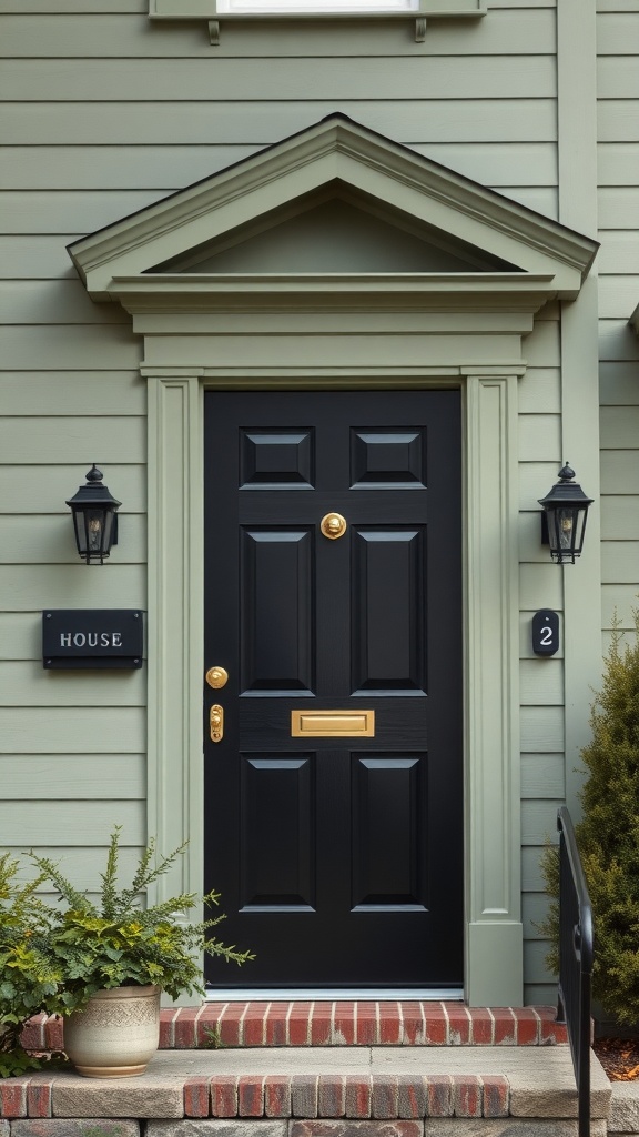 A sage green house with a classic black front door.