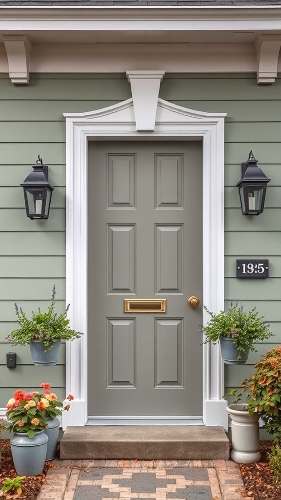 Front door painted in classic taupe against a sage green house.