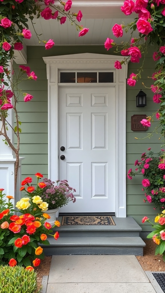 A classic white front door framed by colorful flowers on a sage green house.