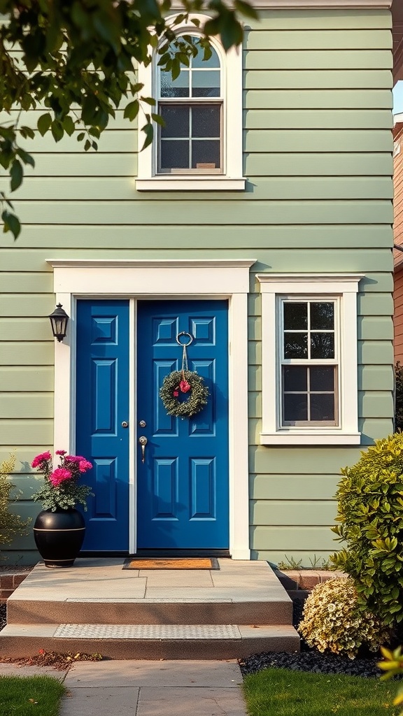 Sage green house with cobalt blue front doors and a wreath