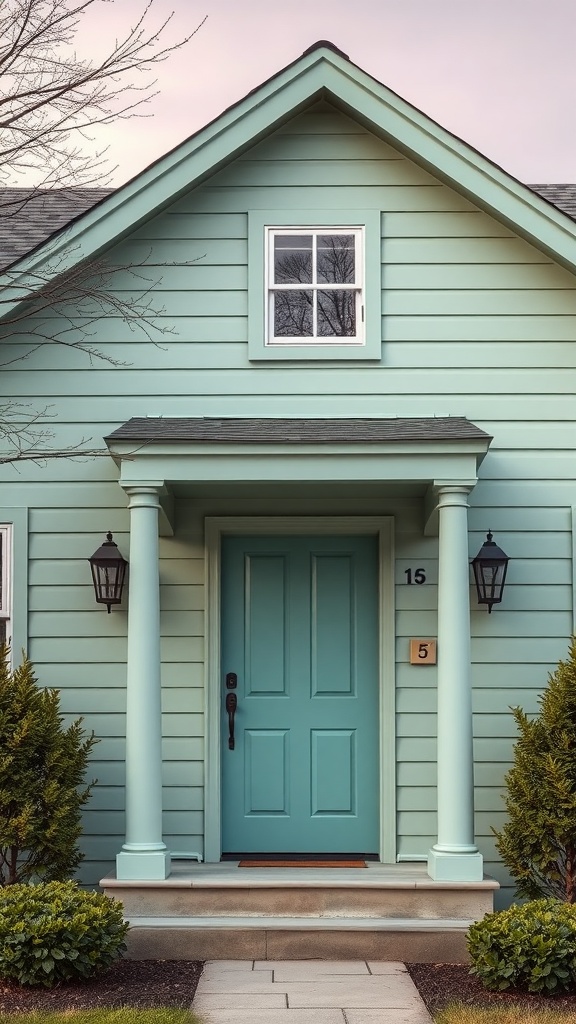 A sage green house with a cool teal front door and matching columns.