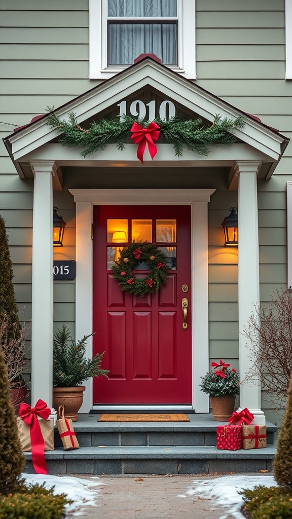 A sage green house with a cranberry red front door, adorned with holiday decorations.