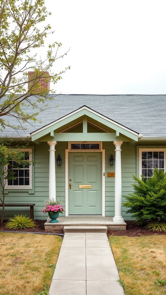 A sage green house with a creamy almond front door and potted flowers.