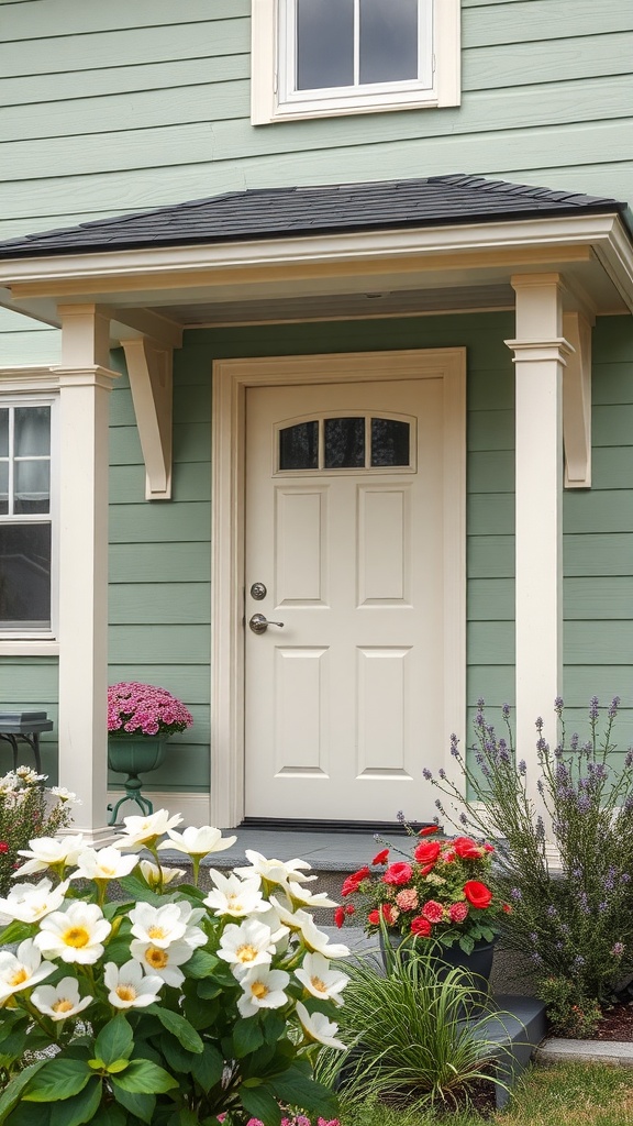 A sage green house with a crisp cream front door and blooming flowers in front.