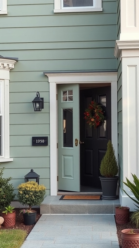 Front door painted in dark chocolate contrasting with a sage green house