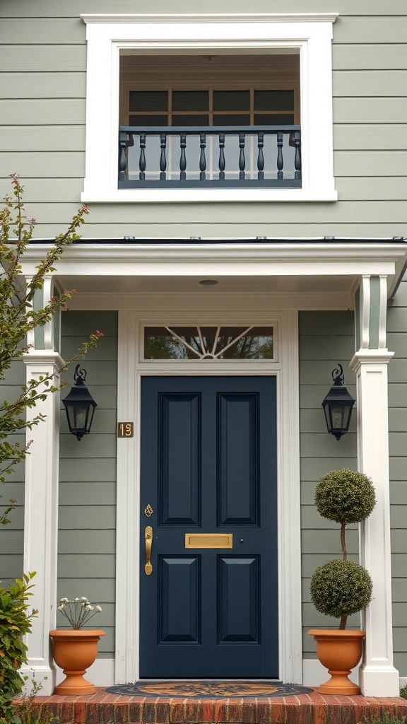 Deep navy front door on a sage green house with elegant trim and planters.