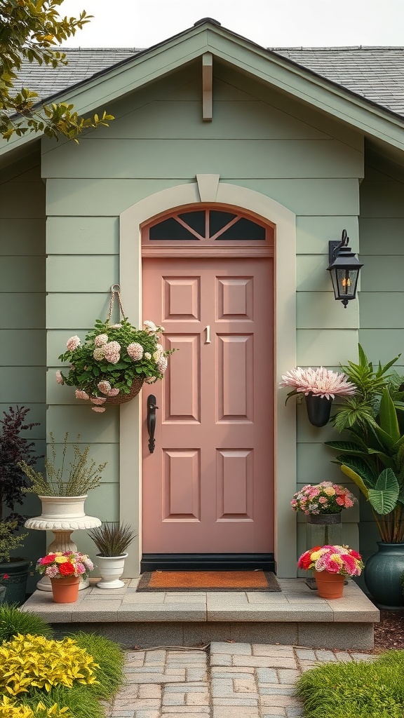 Front door painted dusty rose on a sage green house, surrounded by flowers and greenery.