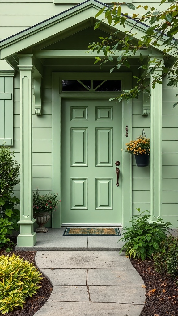 A sage green house with a beautiful emerald green front door.