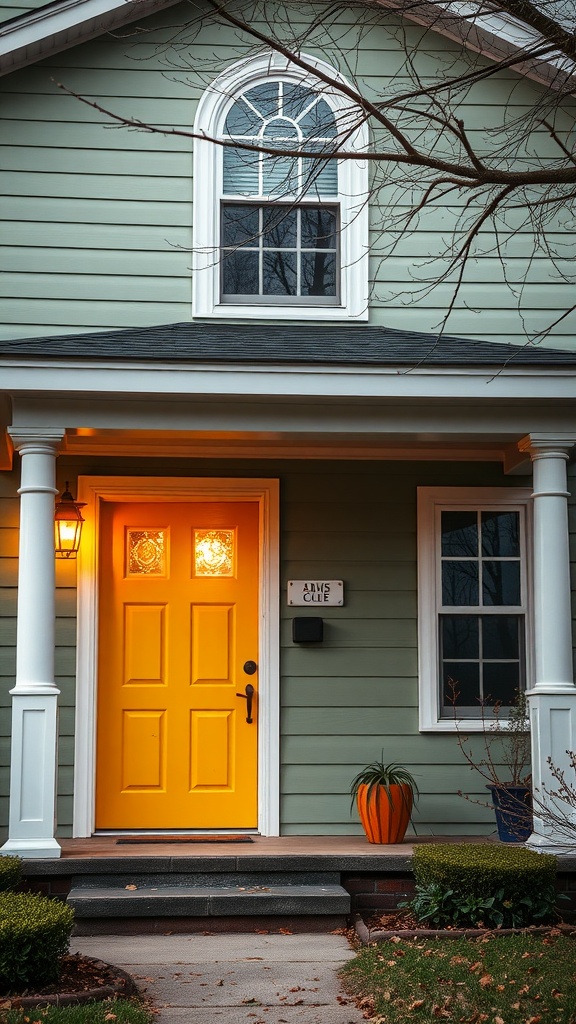 A sage green house with a golden yellow front door, showcasing a bright and welcoming entrance.