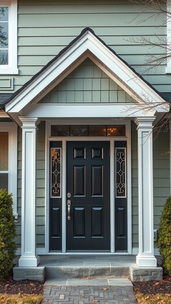 A sage green house with a striking graphite black front door.