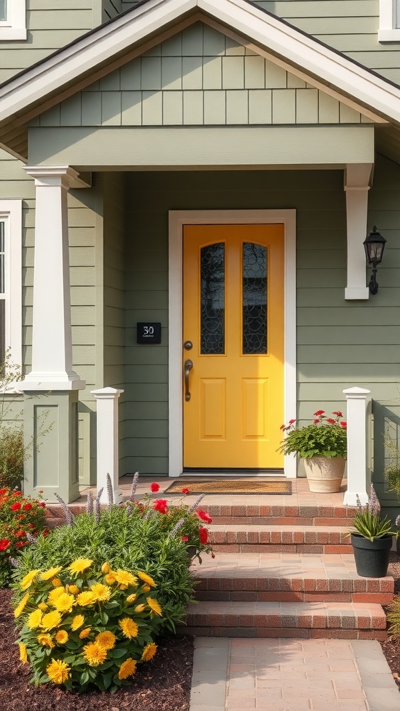 A honey yellow front door on a sage green house with flowers in front.