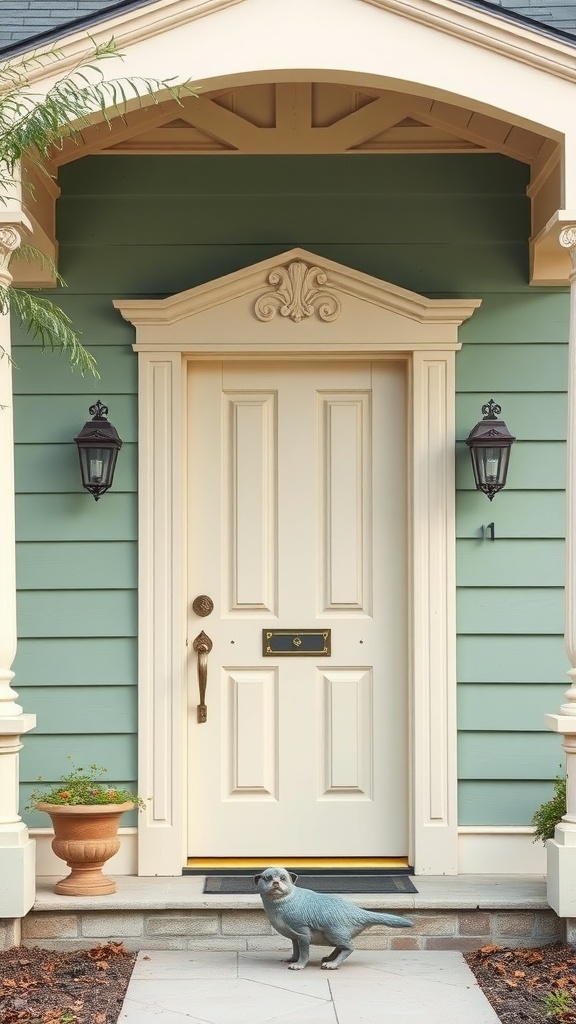 Sage green house with an ivory front door and decorative elements