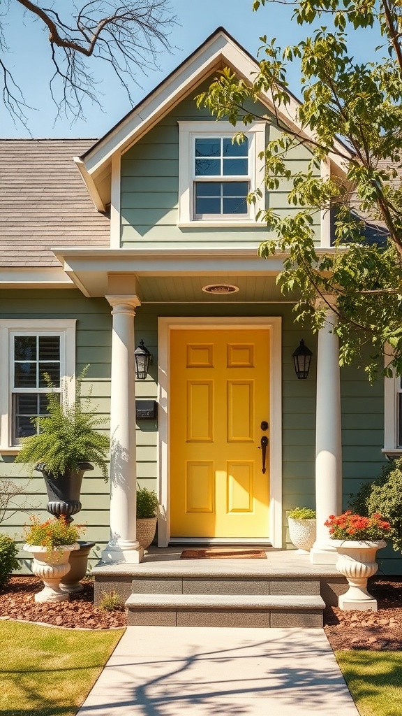 A sage green house with a bright lemonade yellow front door, surrounded by colorful flowers and greenery.