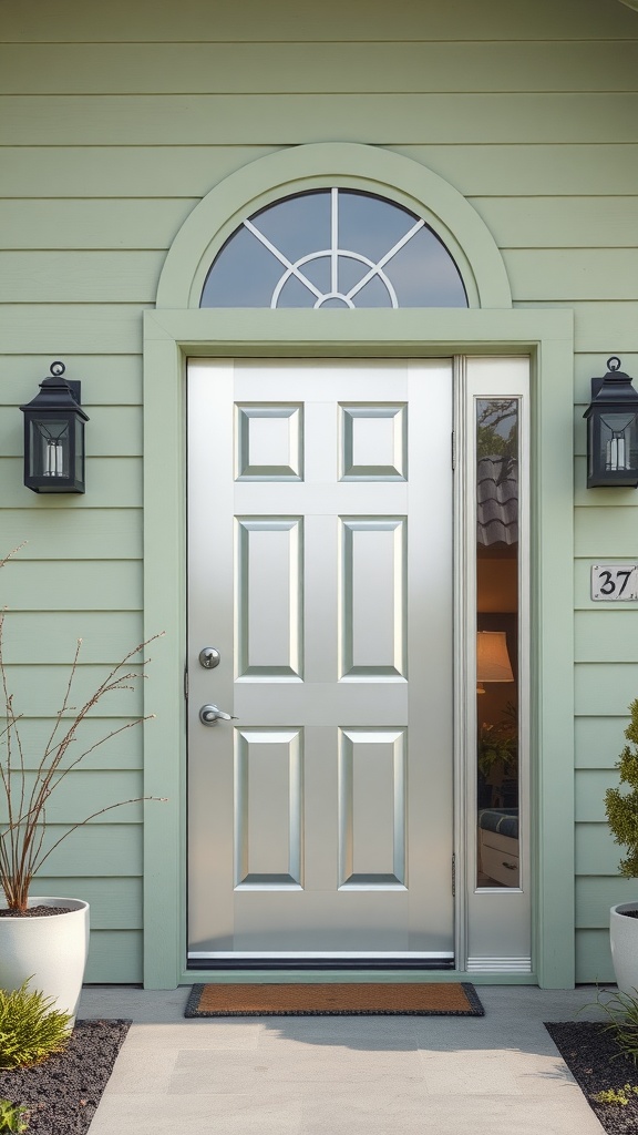 A sage green house with a metallic silver front door.