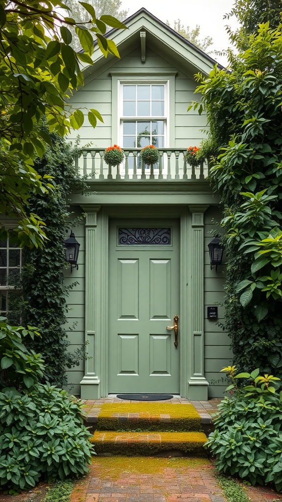 A moss green door on a sage green house surrounded by lush greenery.