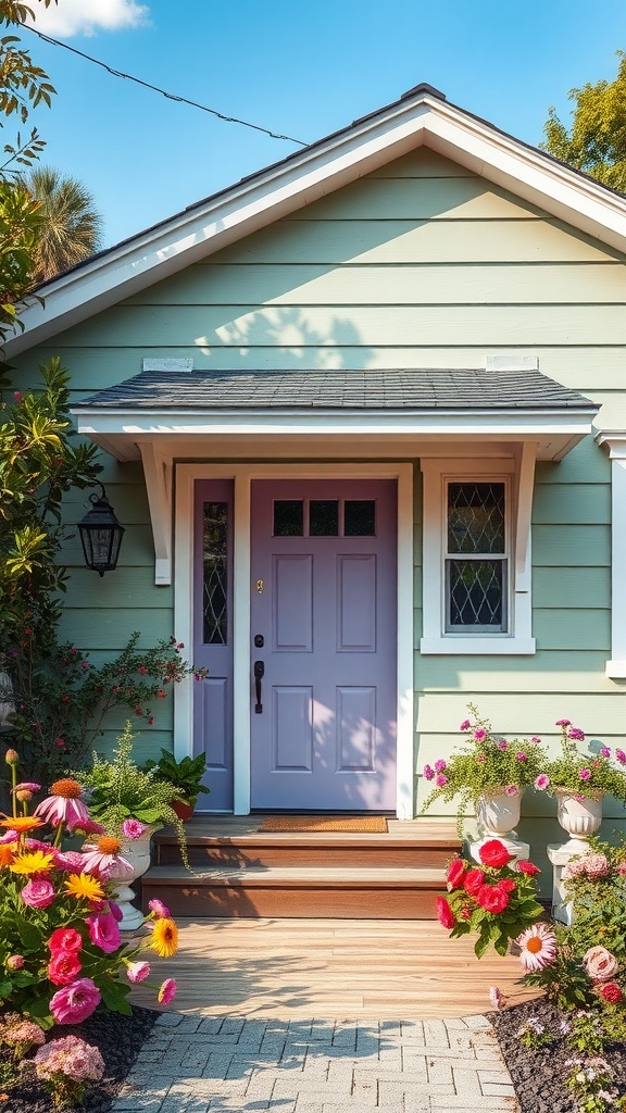 A sage green house with a muted lavender front door surrounded by blooming flowers.