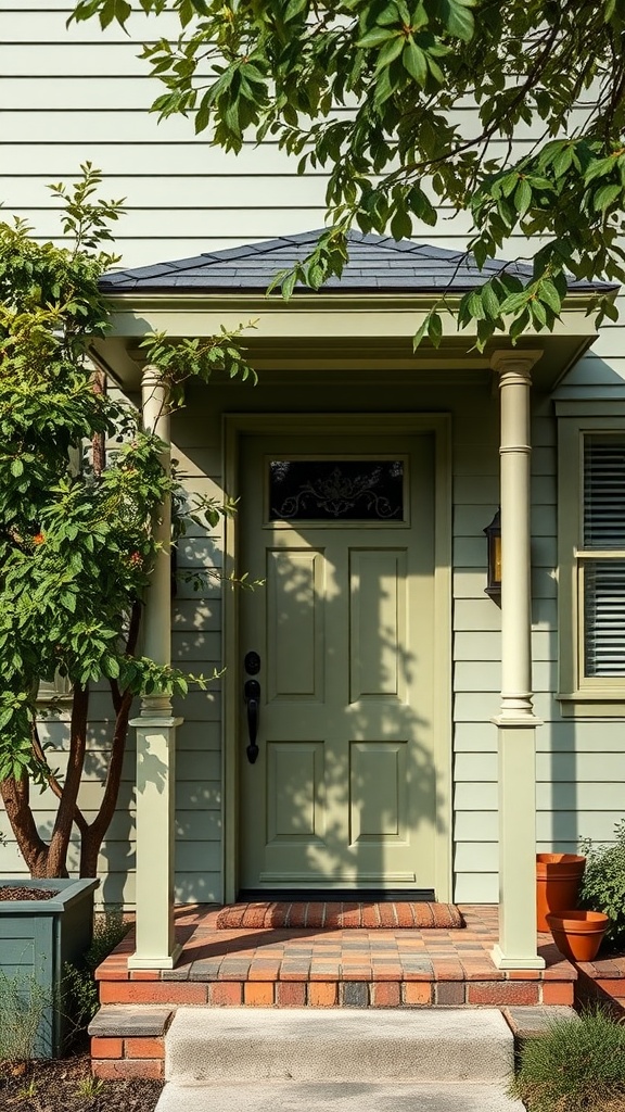 Front door painted olive green on a sage green house with surrounding greenery.