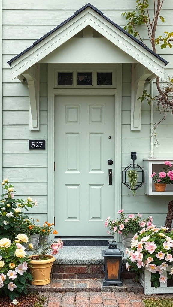 A pale mint front door on a sage green house with blooming flowers and greenery.